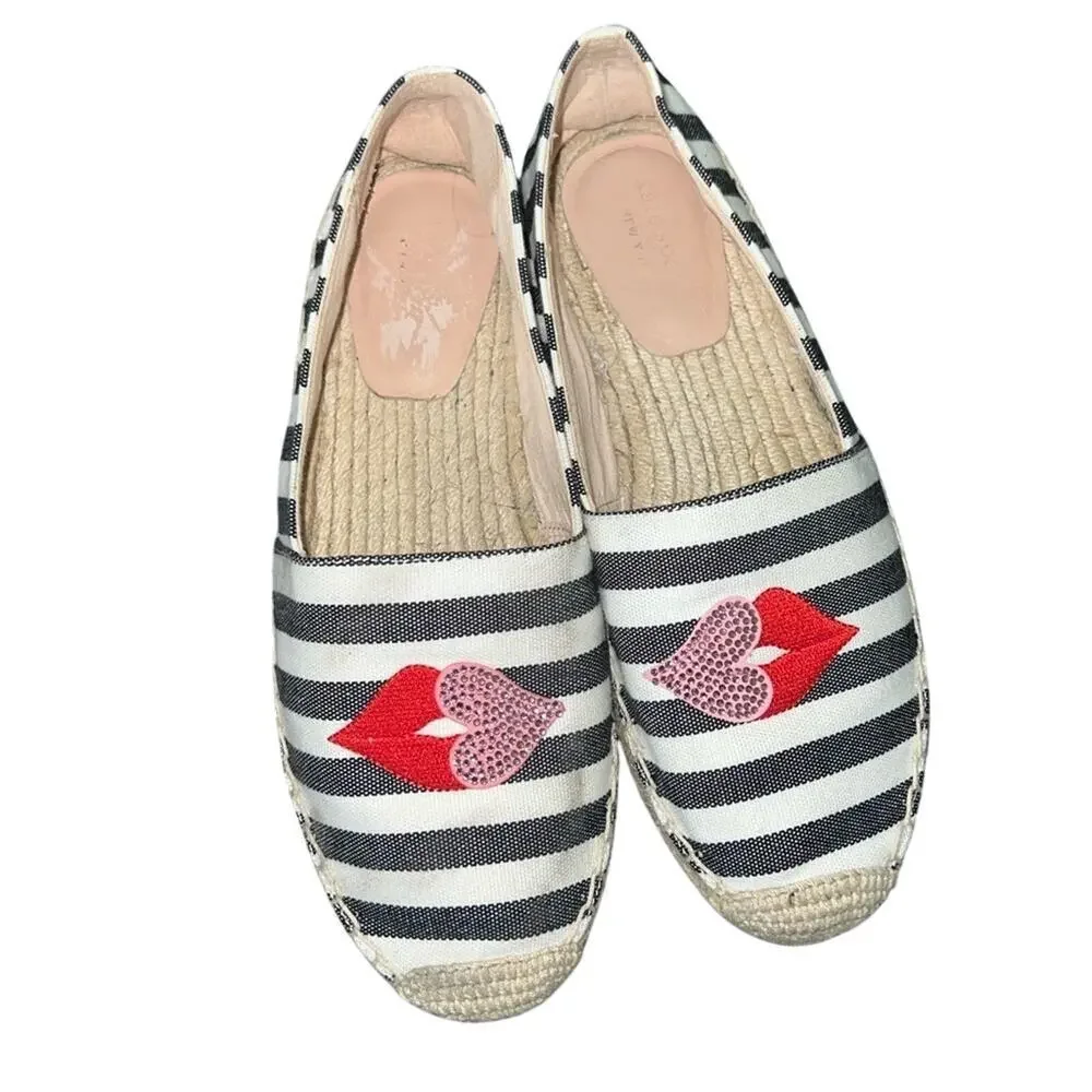 EUC KATE SPADE BLACK WHITE STRIPES Gimlet Heart Lips Espadrille Flats SZ 7